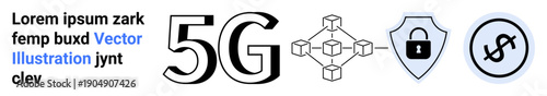 5G technology, blockchain security, encryption, online safety, financial systems, digital communication. Minimalist design showing 5G, shield blockchain connection and dollar icons. 5G technology