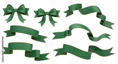 Green ribbon banner 3d render set.
