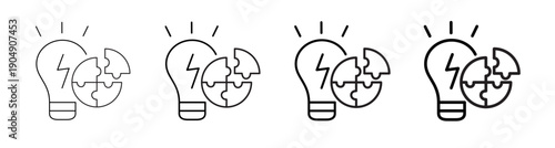 Creative Thinking with Light Bulb and Puzzle Pieces for Innovation icon set. Vector illustration outline