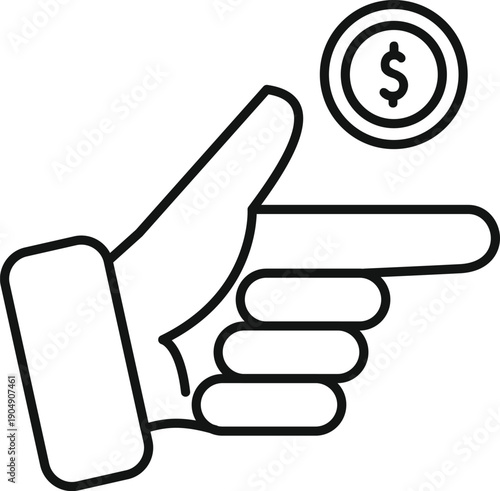 Hand pointing gesture with a dollar coin moving towards a direction