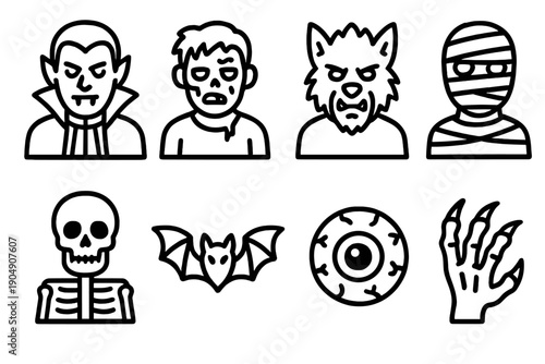 Halloween linear icon set. featuring vampire, zombie, werewolf, mummy, skeleton, bat, eye, and hand symbols