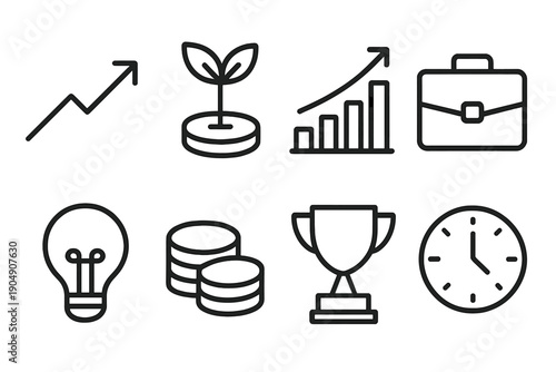Business and finance linear icon set. featuring growth, plant, chart, briefcase, bulb, coin, trophy, and clock symbols