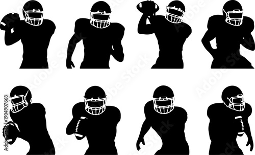 American Football Player Silhouette Action Set Vector