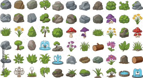 Cartoon garden nature elements vector illustration set featuring rocks plants mushrooms fountains and landscape decorations collection