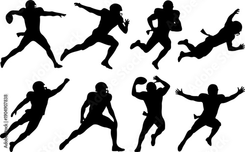 American Football Player Silhouette Action Set Vector