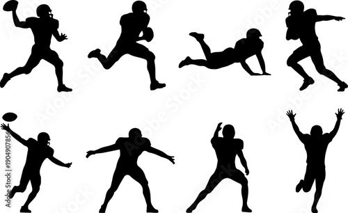 American Football Player Silhouette Action Set Vector