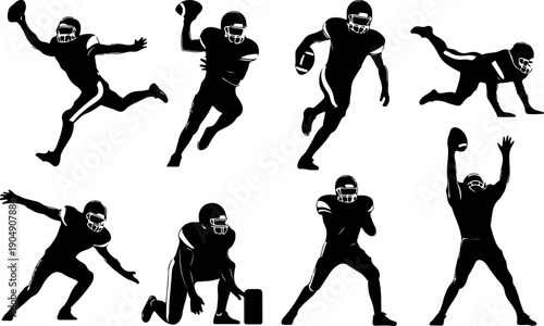 American Football Player Silhouette Action Set Vector