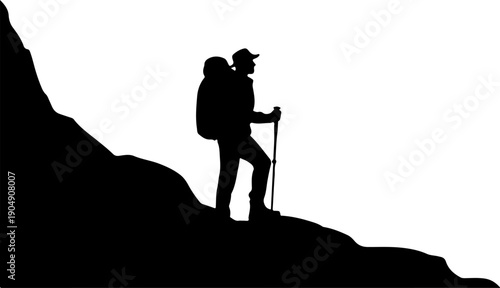 Hiking Traveler Silhouette in Mountain Forest Landscape Vector