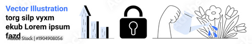 Business development, cybersecurity, growth strategy, data protection, sustainability, financial management. Bar chart, lock and watering flowers illustration. Business growth and cybersecurity