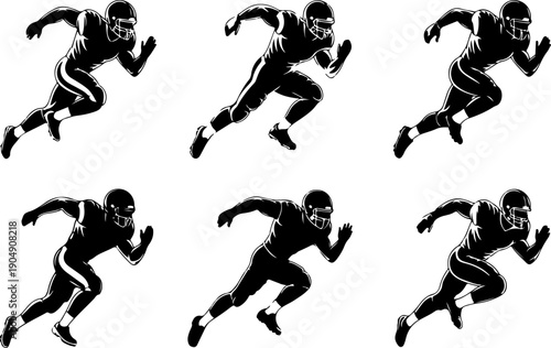 American Football Player Silhouette Action Set Vector