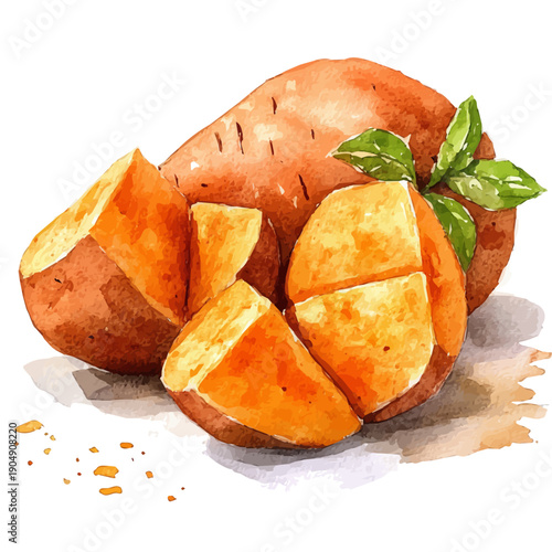 Sweet Potato, charming watercolor clipart, isolated on a white background.