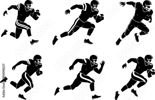 American Football Player Silhouette Action Set Vector