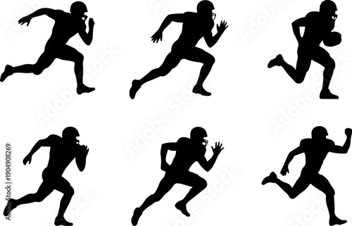 American Football Player Silhouette Action Set Vector