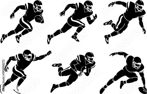 American Football Player Silhouette Action Set Vector