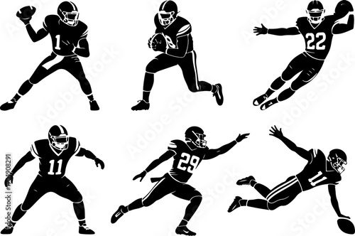 American Football Player Silhouette Action Set Vector