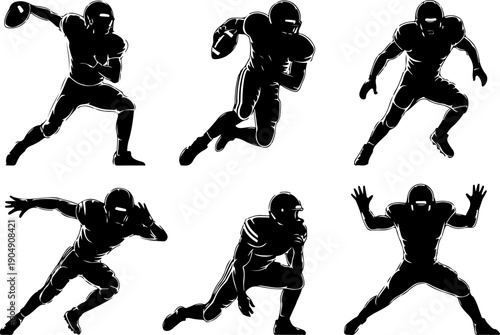American Football Player Silhouette Action Set Vector