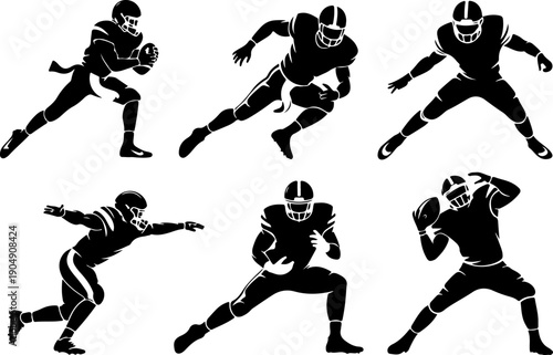 American Football Player Silhouette Action Set Vector