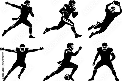 American Football Player Silhouette Action Set Vector