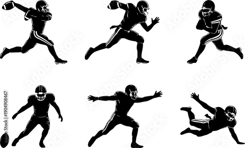 American Football Player Silhouette Action Set Vector