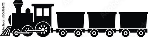 Black silhouette of vintage steam locomotive train with three cargo wagons isolated on white background, vector icon for transportation and industrial history concepts.
