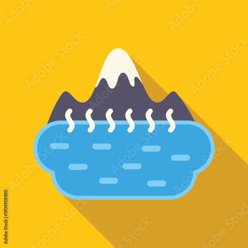 Mountain with snow capped peak and hot spring emitting steam, representing geothermal energy