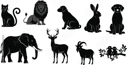 Black silhouettes of elephant, lion, deer, dog, cat, rabbit, goat, and birds on branch, isolated on white background, vector set for nature design.