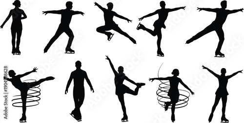 Black silhouettes of professional figure skaters performing jumps and spins on ice, isolated on white background, vector for winter sports and competition concepts.