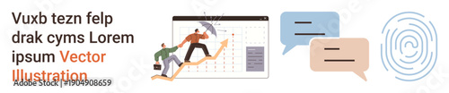 Business collaboration, teamwork, digital communication, identity verification, data analytics, security. Two people climbing a chart, speech bubbles and fingerprint. Teamwork and digital