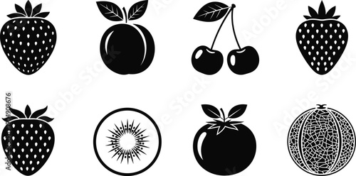 Set of fruit silhouette icons including strawberry apple cherry kiwi melon healthy food black vector illustration collection design.