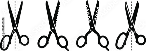 Set of scissors icons showing cutting styles craft sewing barber hair salon tool silhouette vector illustration design collection.