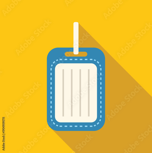 Blue luggage tag with a long shadow on an yellow background, representing travel and identification