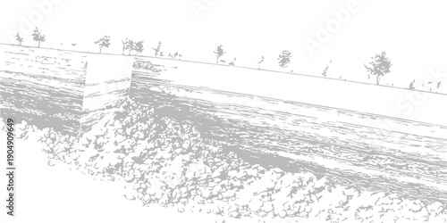 Sketchy landscape with a dirt road and sparse trees, rendered in a minimalist grey tone for a natural, rustic feel.