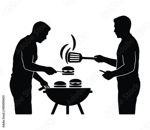 Two men grilling burgers on a charcoal BBQ, black vector silhouette illustration isolated on white