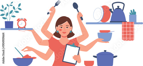 Multitasking woman managing household chores, cooking, cleaning, and scheduling tasks with multiple arms, modern busy lifestyle, time management, home 