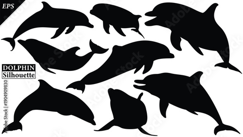 Set of Dolphin Silhouette Vector illustration Isolated on white background, showing a clean black outline represents marine life, freedom, and ocean wildlife. Ideal for logos, icons, dolphin vector