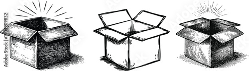open cardboard box vintage engraving illustration set, hand drawn packaging sketch, shipping parcel concept, black and white retro line art collection isolated on white background