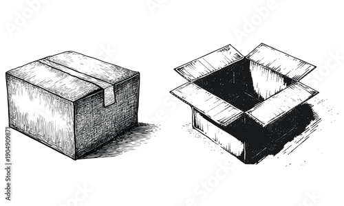 open cardboard box vintage engraving illustration set, hand drawn packaging sketch, shipping parcel concept, black and white retro line art collection isolated on white background