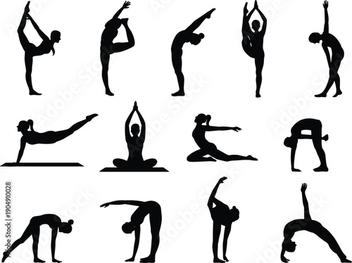 Set of yoga pose silhouettes demonstrating flexibility, balance, and stretching exercises for fitness, wellness, and mindfulness practice isolated on white background, healthy lifestyle concept.