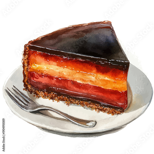 watercolor of Sacher Torte draw illustration, isolated on a white background.
