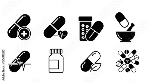 Set of black and white medical pharmacy and healthcare icons Pills bottles heartbeat EPS10 Stock.eps