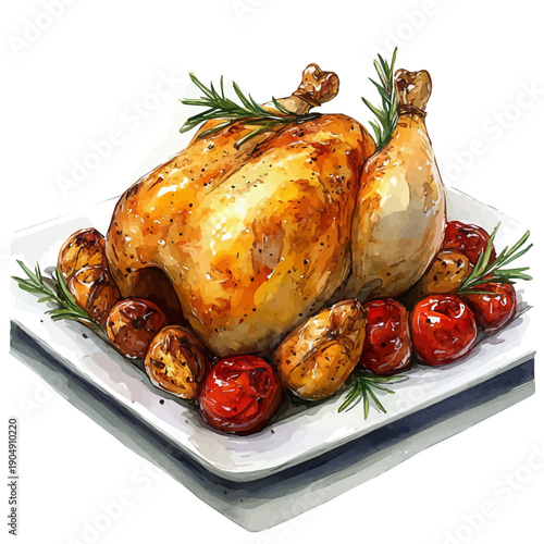 watercolor of Roast Chicken draw illustration, isolated on a white background.
