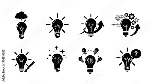 Modern Flat Lightbulb Icons Ideas Brainstorming Innovation Solutions Vector Set EPS10 Stock.eps
