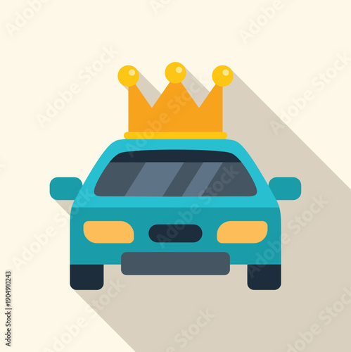 Blue car having a golden crown on its roof against a light background