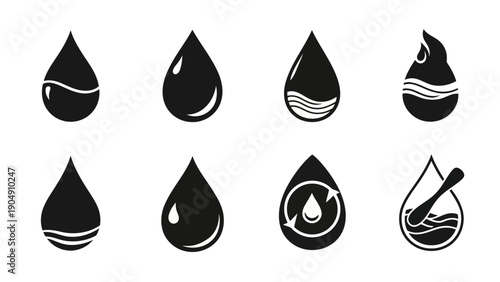 Minimalist vector black water droplet icons with diverse liquid and energy symbols EPS10 Stock.eps