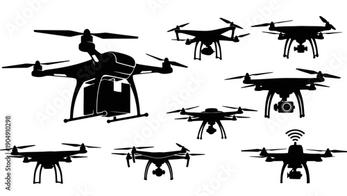 Diverse Drone Vector Silhouettes Cameras Delivery and Communication Technology Icons EPS10 Stock.eps