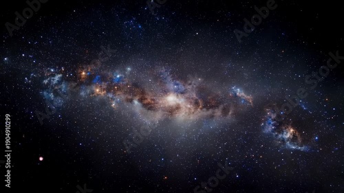 Wide view of galaxy with glowing stars, nebula clouds, and cosmic dust in deep space, illustrating astronomy, cosmic exploration, universe science, and expansive astrophotography concept