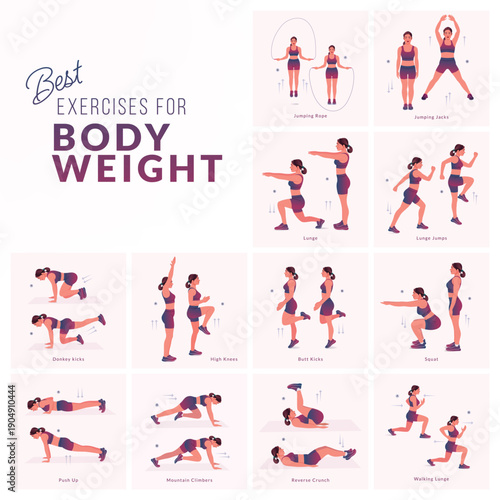 Women workout set. Women doing fitness and yoga exercises. Mountain Climbers, Flutter kicks, Plank To Toe Lift, Plank Rotation, Leg Raises, knee to elbow kickback, In and Out, Lean back hold etc
