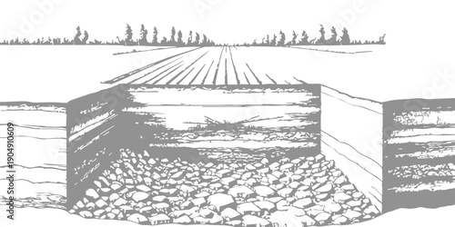 Sketch illustration of a rural landscape featuring a stone embankment alongside a cultivated field with distant trees