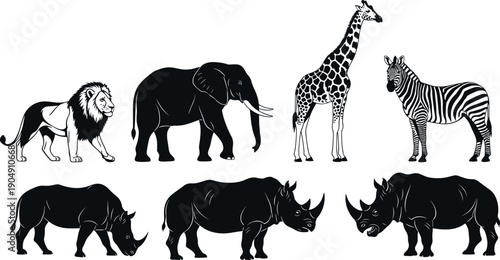 African wildlife animal silhouettes set featuring lion, elephant, giraffe, zebra, rhinoceros, safari fauna vector illustration isolated on white background collection