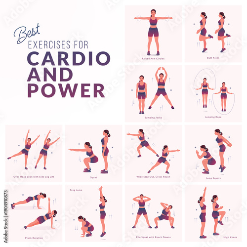 Women workout set. Women doing fitness and yoga exercises. Mountain Climbers, Flutter kicks, Plank To Toe Lift, Plank Rotation, Leg Raises, knee to elbow kickback, In and Out, Lean back hold etc